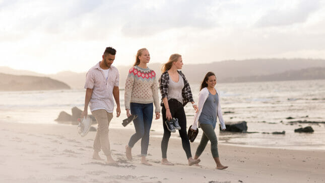 4 studenter som tar studier på New Zealand og går på stranden. Bilde. 