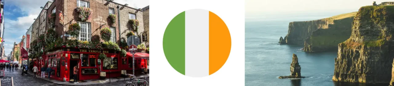 Bildebanner med det Irlandske flagget og to miljøbilder tatt av studenter som studerer i Irland.