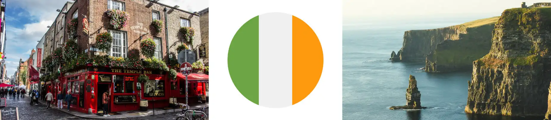 Bilder tatt av studenter som studerer i Irland. Viser en gate i Dublin, det Irlandske flagget og et bilde fra kysten. 