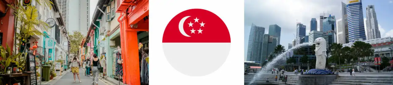 Personer som studerer i Singapore og er på sightseeing i byen, Singapore sitt flagg og flere av bygningene i byen. Bilde.