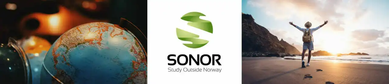 Dekorativt bilde som viser en globe, SONOR sin logo og en student som studerer i utlandet og er på en strand. 